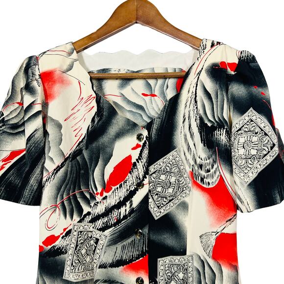 Vintage 80s Scallop Neck Blouse Button Up Short Sleeve Black Red - M - Picture 2 of 4